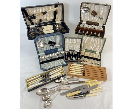 A quantity of assorted vintage cutlery sets, mostly cased. To include coffee bean coffee spoons, fruit sets and fish knives &