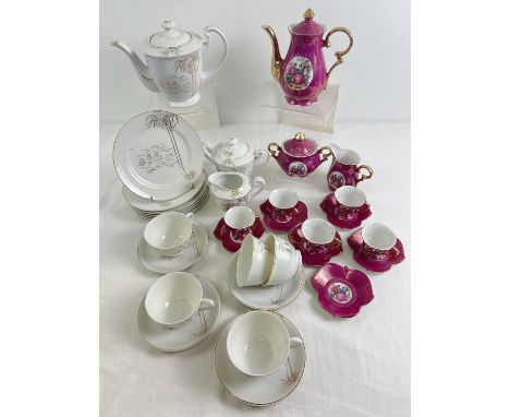 2 vintage ceramic ornamental tea sets. An Oriental tea seat with gilt detail and lithophane base to cups, together with a pin