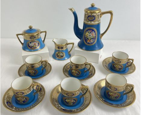 A vintage Art Deco style Noritake coffee set in turquoise and gold. Floral decorated panels to each piece. Comprising: coffee