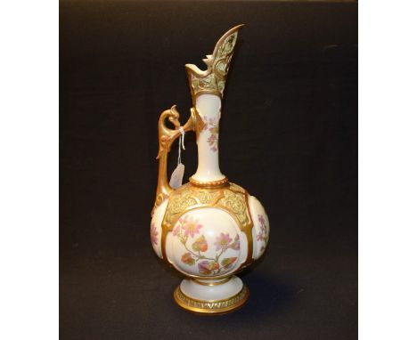 A large Royal Worcester Persian inspired  ewer, printed and painted with stylised floral sprigs, on a blush ivory ground, in 