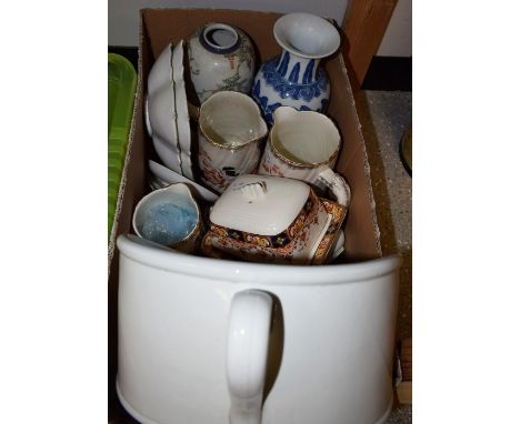 A set of three Victorian Staffordshire graduated jugs; a Chinese export vase; three Limoges coffee cans and saucers; Carltonw