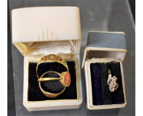 Rings - a diamond trilogy ring, 9ct gold shank; others, coral, diamond and ruby, etc., part unmarked, 8.4g gross