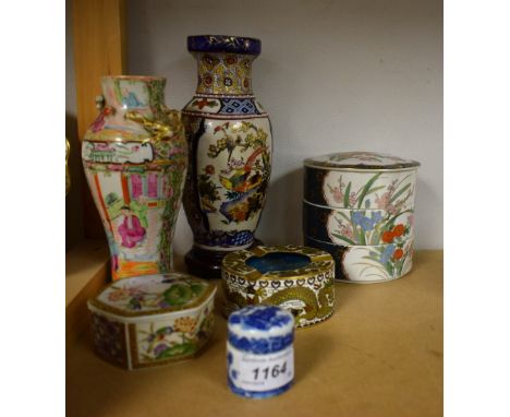 Ceramics - a Chinese famille rose vase, painted panels, Clossone enamel ashtray; etc