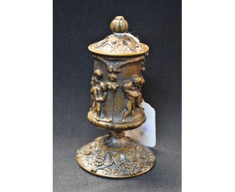 A 19th century French brown patinated bronze so-to-bed, the tapering reservoir boldly cast in alternating tones of high and r