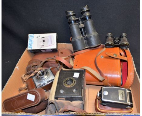 Cameras and Binoculars - a pair of Army and Navy binoculars; others; a Kodak Junior II camera; others, Retinette, etc