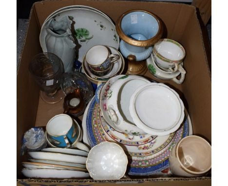 A Bloor Derby sucrier and cover, milk jug, cup and two saucers, painted with green flowers; other ceramics, Wedgwood, Royal C