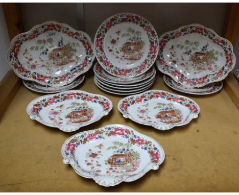 A Chamberlain Worcester  chinoiserie dessert service, printed and painted with two figures in an oriental scene comprising th