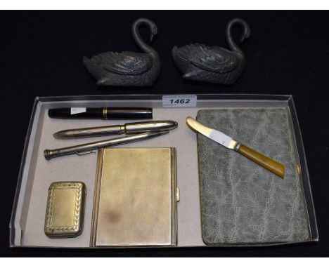 An Art Deco silver cigarette case, Birmingham 1935; an Elephant hide cigarette case; pen with 14k nib; vesta; etc 