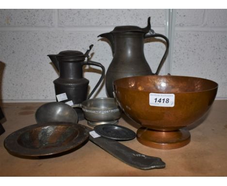 Metalware - a Hugh Wallis Arts & Crafts pewter inlaid planished copper bowl; Norwegian pewter ladle, marked JB; an early 19th