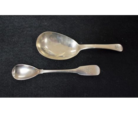 An Irish Provincial silver Fiddle pattern mustard spoon, 11cm long, Cardenas & Terry, Cork c.1810; a caddy spoon, possibly Sc