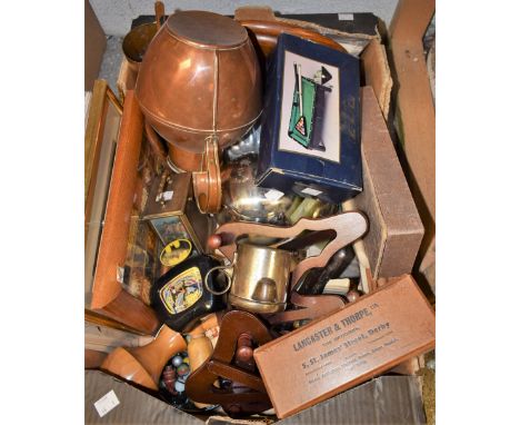 Boxes and Objects - a signed Slazenger miniature cricket bat; a copper milk can; a marble desk barometer; another, onyx; tren