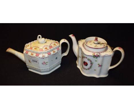 A New Hall serpentine commode shaped teapot and cover, decorated in he Famile Rose palette with roundel within a foliate wrea