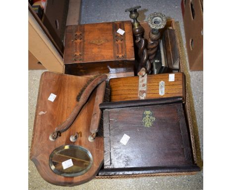 Boxes and Objects - a mahogany writing slope; a marquetry inlaid work box; an Art Deco oak wall barometer; a pair of oak barl
