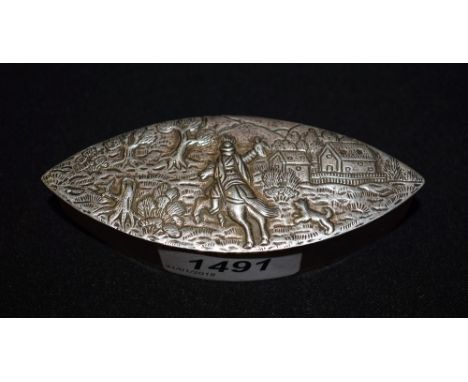 A Continental silver navette shaped snuff box, hinged cover in relief with a messenger on horseback, 10cm wide