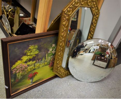A 1950's convex circular mirror; another, bevel edged with pressed brass frame; etc (3)