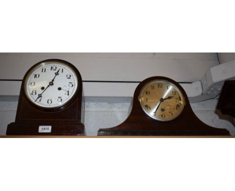 An Edwardian inlaid mahogany dome topped chiming mantel clock, Arabic numerals, white enamel dial; another, Napoleon with Fav