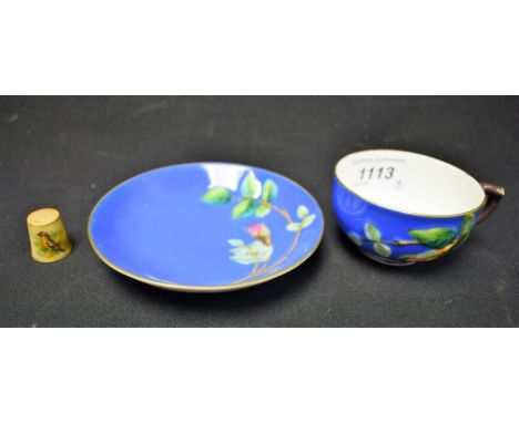 Ceramics - a Royal Worcester relief moulded tea cup and saucer, blue ground, printed marks; a painted Blush Ivory thimble, de