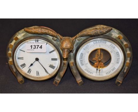 Hunting - a late 19th century combination timepiece and aneroid barometer, each 8.5cm circular dial within a horseshoe, crest