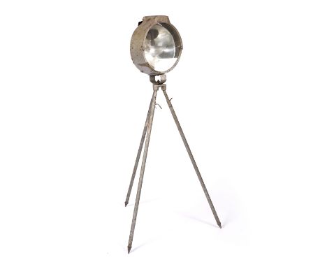 Industrial School Tripod spotlight/floor light adjustable head and supports 'W. Phillip, London' retail label 158cm high.