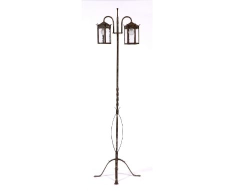 Arts & Crafts Standing Lantern twisted wrought iron frame with two lights 185cm high.