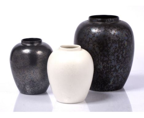 Poole Pottery Three vases with iridescent mottled glaze stamped factory mark the largest 22cm high (3).