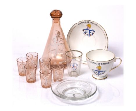 Festival of Britain Glass decanter and six shot glasses the decanter 19cm high, together with a Collingwoods Festival of Brit