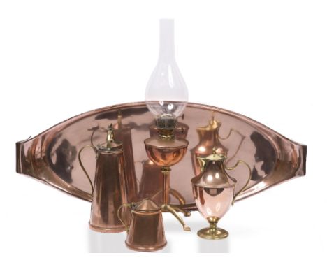 W.A.S Benson Three lidded vessels, a oil lamp and a tray in brass and copper two with stamped marks lamp 52.5cm high (5).