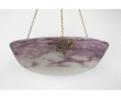 Manner of Daum French ceiling light purple and white glass with original ceiling fitting applied brass flower heads to outsid