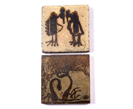 Bernard Leach (1887-1979) Two St. Ives tiles painted with chickens and plants one with impressed marks the other monogrammed 