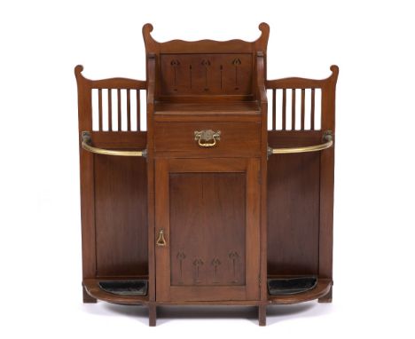 James Shoolbred & Co. Mahogany stick stand, late 19th Century inlaid floral motifs over single drawer and cupboard ivorine la