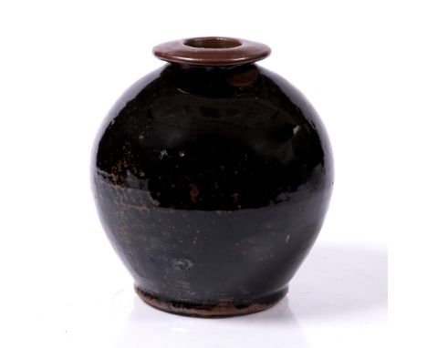 Trevor Corser at Leach Pottery Vase tenmoku glaze impressed potter's and pottery seals 21cm high.