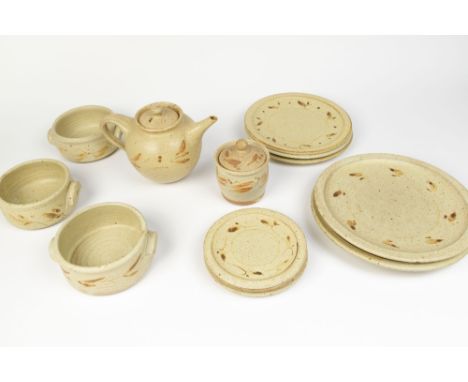 St Ives Pottery Stoneware service comprising tea pot, 3 side plates, 3 bowls, 3 medium plates, 3 larger plates, a jam potpain