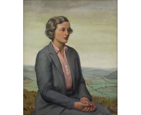 Captain Cuthbert Julian Orde (1888-1968)  Portrait of a lady against a rural backdrop, 1934 signed (lower right) oils on canv