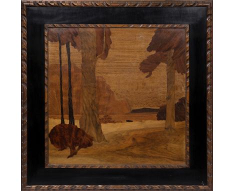 A.J Rowley for The Rowley Gallery 'Sunset Landscape', circa 1920 marquetry panel 'The Rowley Gallery' paper label 85cm x 85cm