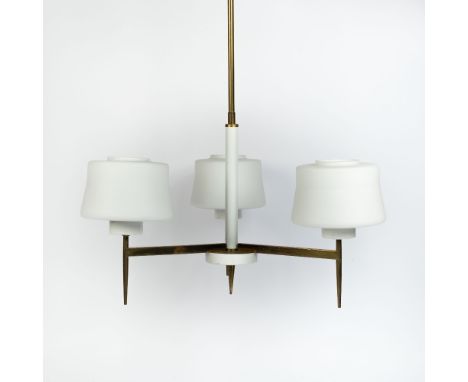 Mid-Century School Brass three prong ceiling light, circa 1950 with white glass shades 90cm high.