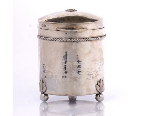 Albert Edward Jones (1878-1954) Silver tea caddy, 1919 cylindrical shape with applied Tudor rose decoration maker's mark and 