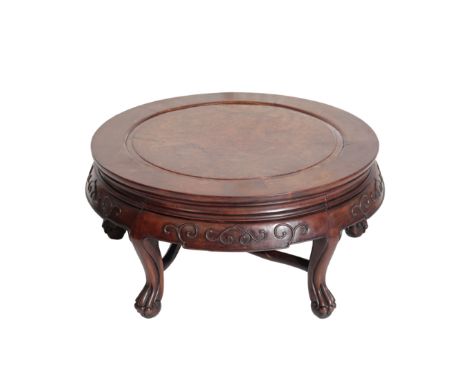 CHINESE HONGMU AND BURRWOOD LOW TABLE, LATE QING DYNASTY with a scroll carved frieze raised on cabriole legs ending in claw a