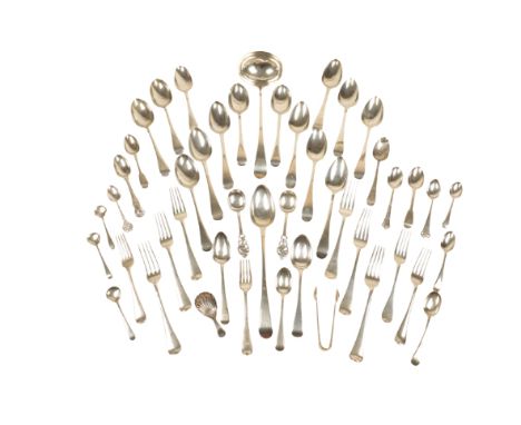 A COLLECTION OF GEORGE III AND LATER SILVER FLATWARE including: tablespoons, forks and later dessert spoons, a George II bott