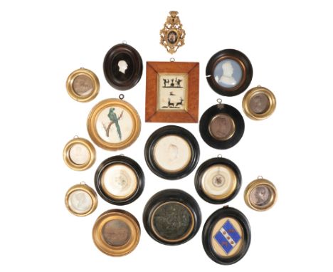 A COLLECTION OF FRAMED METAL MEDALLIONS, MINIATURES AND PORTRAIT PROFILE RELIEFS, 18th - 20th century, including a set of fiv