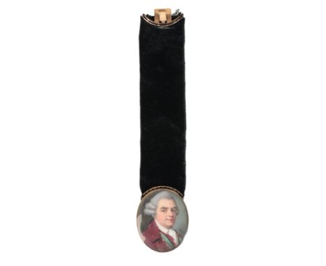 SAMUEL COTES (1734-1818), A miniature portrait of a gentleman wearing a crimson coat and waistcoat with green accents, white 