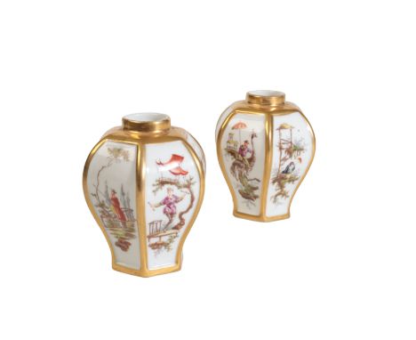 PAIR OF SITZENDORF PORCELAIN VASES with hexagonal baluster bodies enameled in polychrome with Chinoiserie decoration on a gil