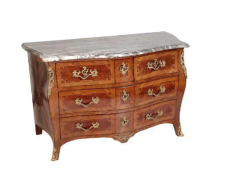 A LOUIS XV WALNUT AND MARBLE TOPPED COMMODE, hird quarter 18th century, the grey and striated white marble top with serpentin