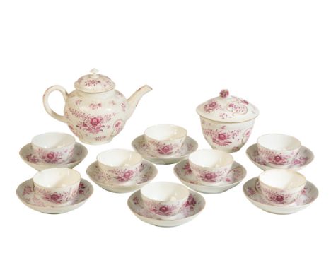 CHINESE PART EXPORT TEA SERVICE, 18TH CENTURY comprising a teapot, covered sugar bowl, eight cups &amp; saucers, each painted