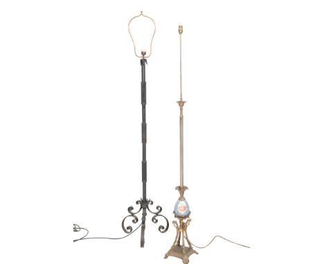 A GILT METAL AND PARIS PORCELAIN MOUNTED STANDARD LAMP, 20th century, the electrical fitment and stem above a reeded shaft, t