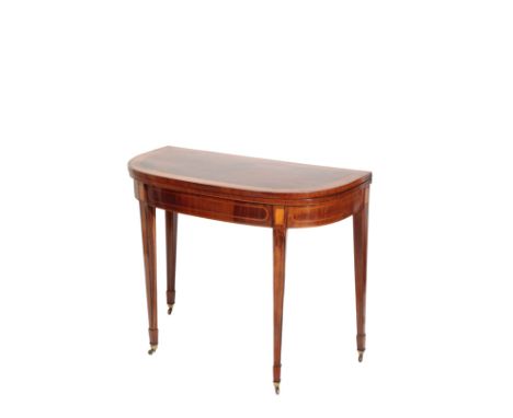 A GEORGE III HARDWOOD, POSSIBLY GONCALO ALVES AND SATINWOOD BANDED DEMI-LUNE CARD TABLE, circa 1800, the interior with later 