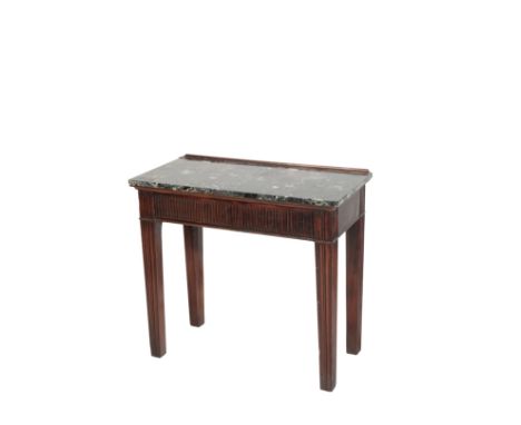 A CONTINENTAL MAHOGANY AND MARBLE TOPPED CONSOLE TABLE, IN NEOCLASSICAL STYLE, the rectangular marmo egiziano Breccia Fawakhi