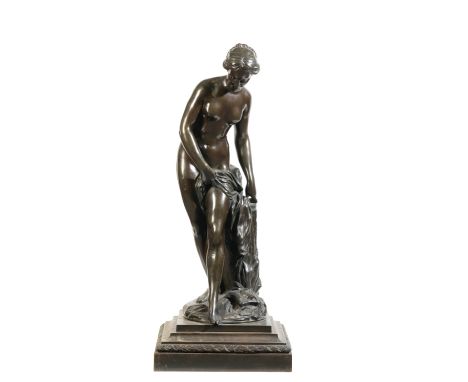 AFTER Ã‰TIENNE-MAURICE FALCONET, (FRENCH 1716 - 1791), 'BAIGNEUSE', A PATINATED BRONZE MODEL OF A MAIDEN, portrayed as nude b
