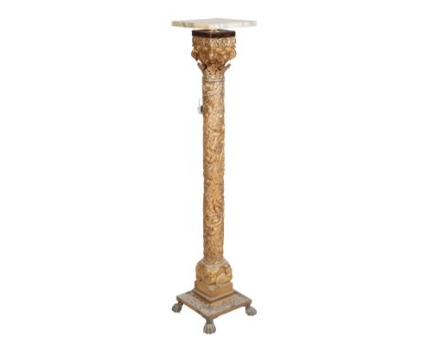 A CONTINENTAL GILT BRONZE AND MARBLE TOPPED PEDESTAL IN ROMANESQUE STYLE, late 19th century, the revolving top on a square se