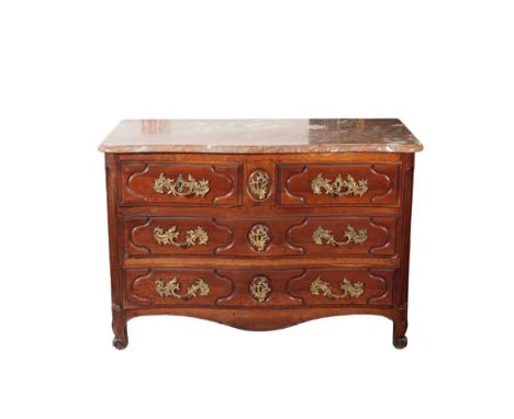 A LOUIS XV WALNUT AND MARBLE TOPPED COMMODE, mid 18th century, the mottled brown, grey and white top with serpentine front an