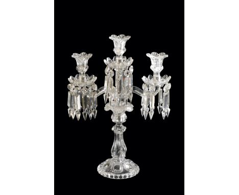 PAIR OF BACCARAT MOULDED GLASS CANDELABRA, 20TH CENTURY with baluster stems from which issue outscrolling branches hung with 
